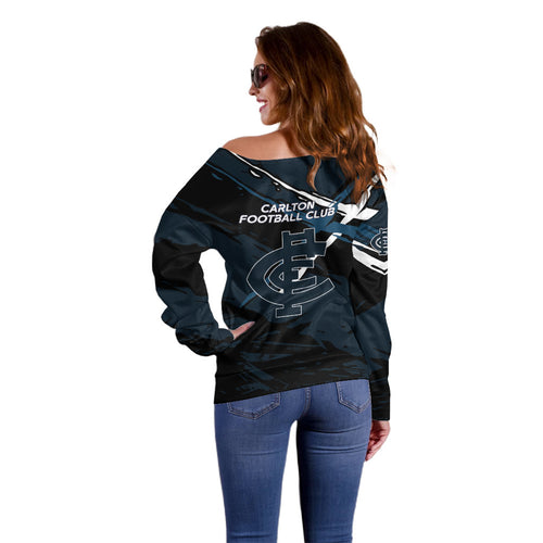Carlton Football Club Off Shoulder Sweater Blues Muscular Mascot Graphic - Abstract Paint Splatter Art