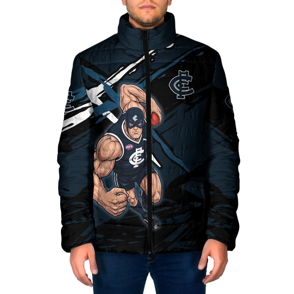 Carlton Football Club Padded Jacket Blues Muscular Mascot Graphic - Abstract Paint Splatter Art