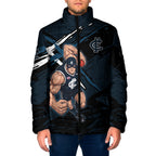 Carlton Football Club Padded Jacket Blues Muscular Mascot Graphic - Abstract Paint Splatter Art