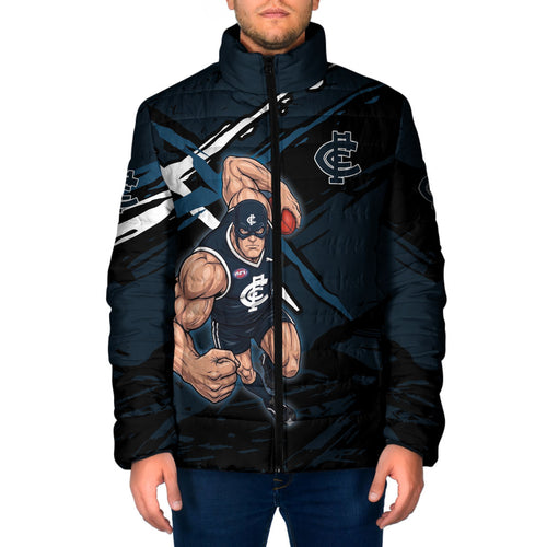 Carlton Football Club Padded Jacket Blues Muscular Mascot Graphic - Abstract Paint Splatter Art