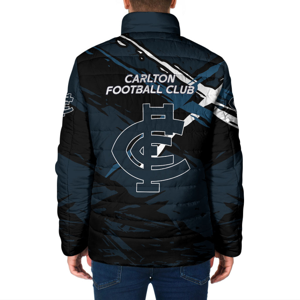 Carlton Football Club Padded Jacket Blues Muscular Mascot Graphic - Abstract Paint Splatter Art