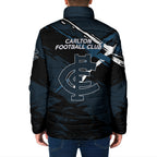 Carlton Football Club Padded Jacket Blues Muscular Mascot Graphic - Abstract Paint Splatter Art
