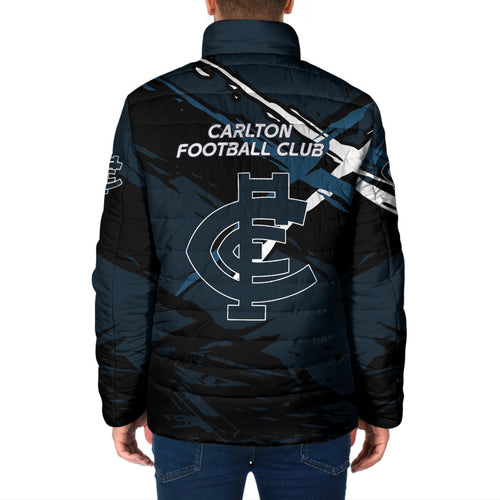 Carlton Football Club Padded Jacket Blues Muscular Mascot Graphic - Abstract Paint Splatter Art