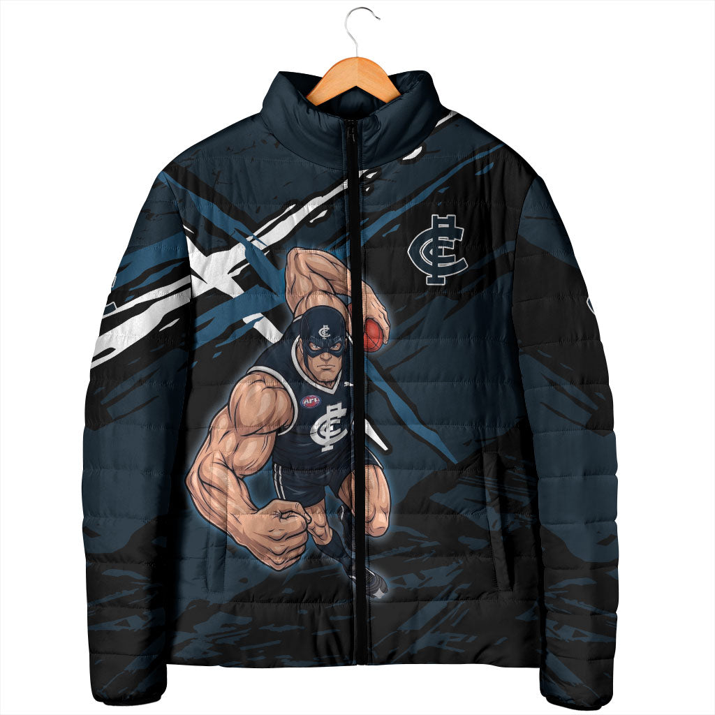 Carlton Football Club Padded Jacket Blues Muscular Mascot Graphic - Abstract Paint Splatter Art