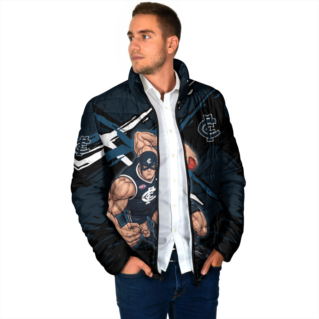 Carlton Football Club Padded Jacket Blues Muscular Mascot Graphic - Abstract Paint Splatter Art