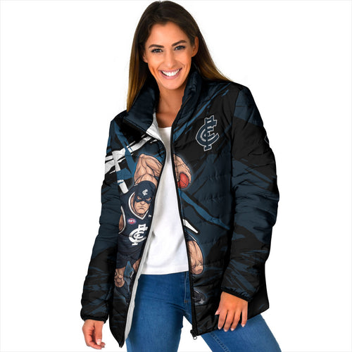 Carlton Football Club Padded Jacket Blues Muscular Mascot Graphic - Abstract Paint Splatter Art