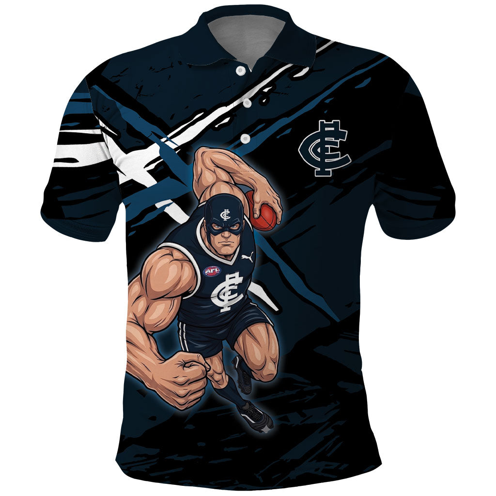 Carlton Football Club Polo Shirt Blues Muscular Mascot Graphic - Abstract Paint Splatter Art