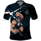 Carlton Football Club Polo Shirt Blues Muscular Mascot Graphic - Abstract Paint Splatter Art