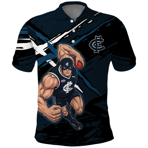 Carlton Football Club Polo Shirt Blues Muscular Mascot Graphic - Abstract Paint Splatter Art
