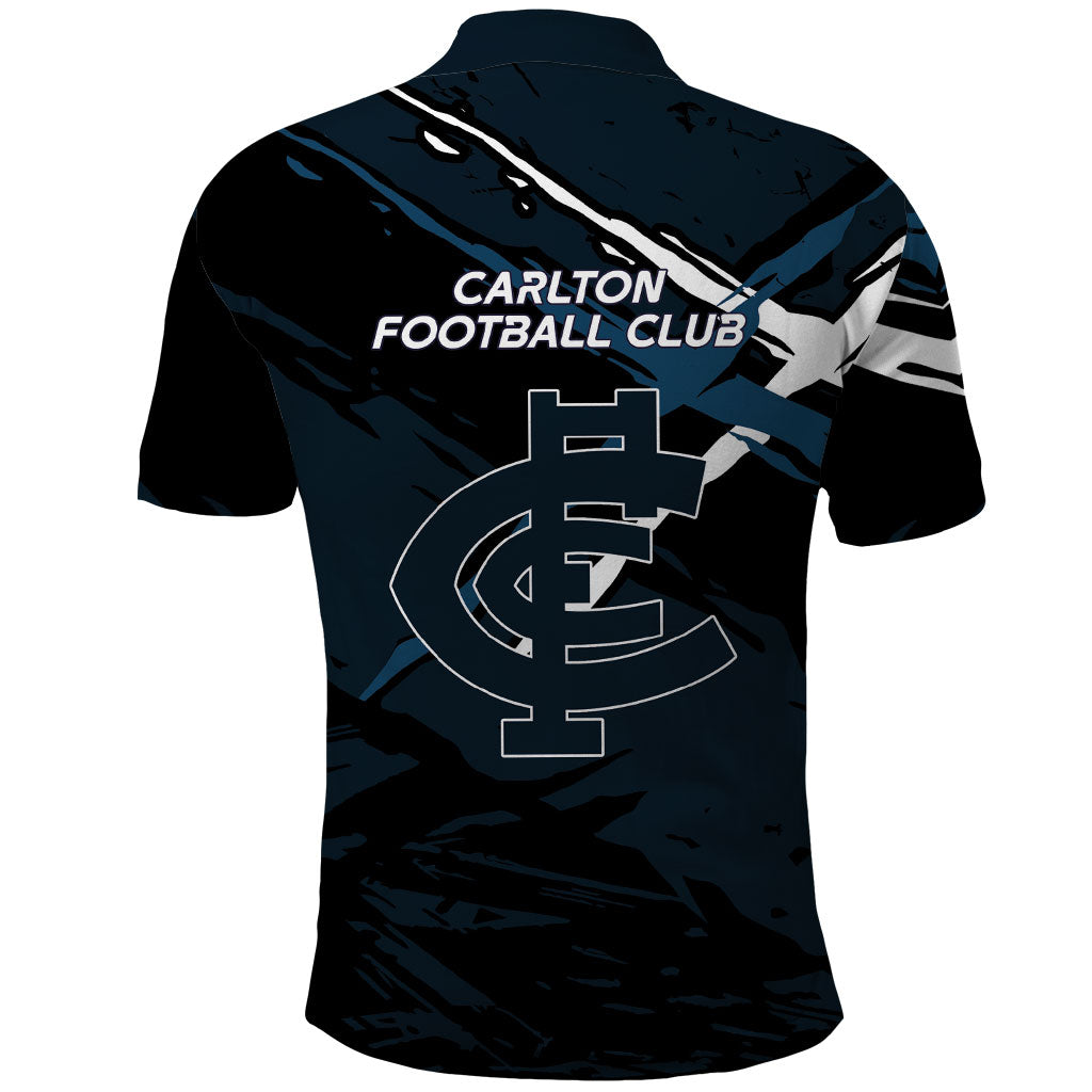 Carlton Football Club Polo Shirt Blues Muscular Mascot Graphic - Abstract Paint Splatter Art