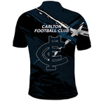 Carlton Football Club Polo Shirt Blues Muscular Mascot Graphic - Abstract Paint Splatter Art