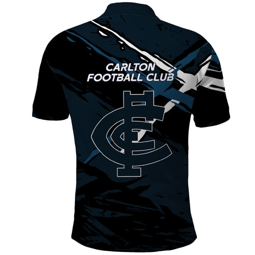 Carlton Football Club Polo Shirt Blues Muscular Mascot Graphic - Abstract Paint Splatter Art