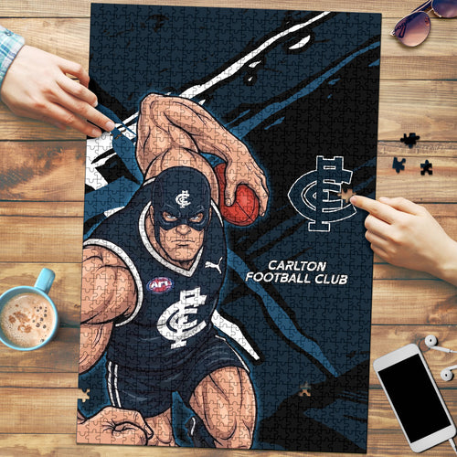 Carlton Football Club Puzzle Blues Muscular Mascot Graphic - Abstract Paint Splatter Art