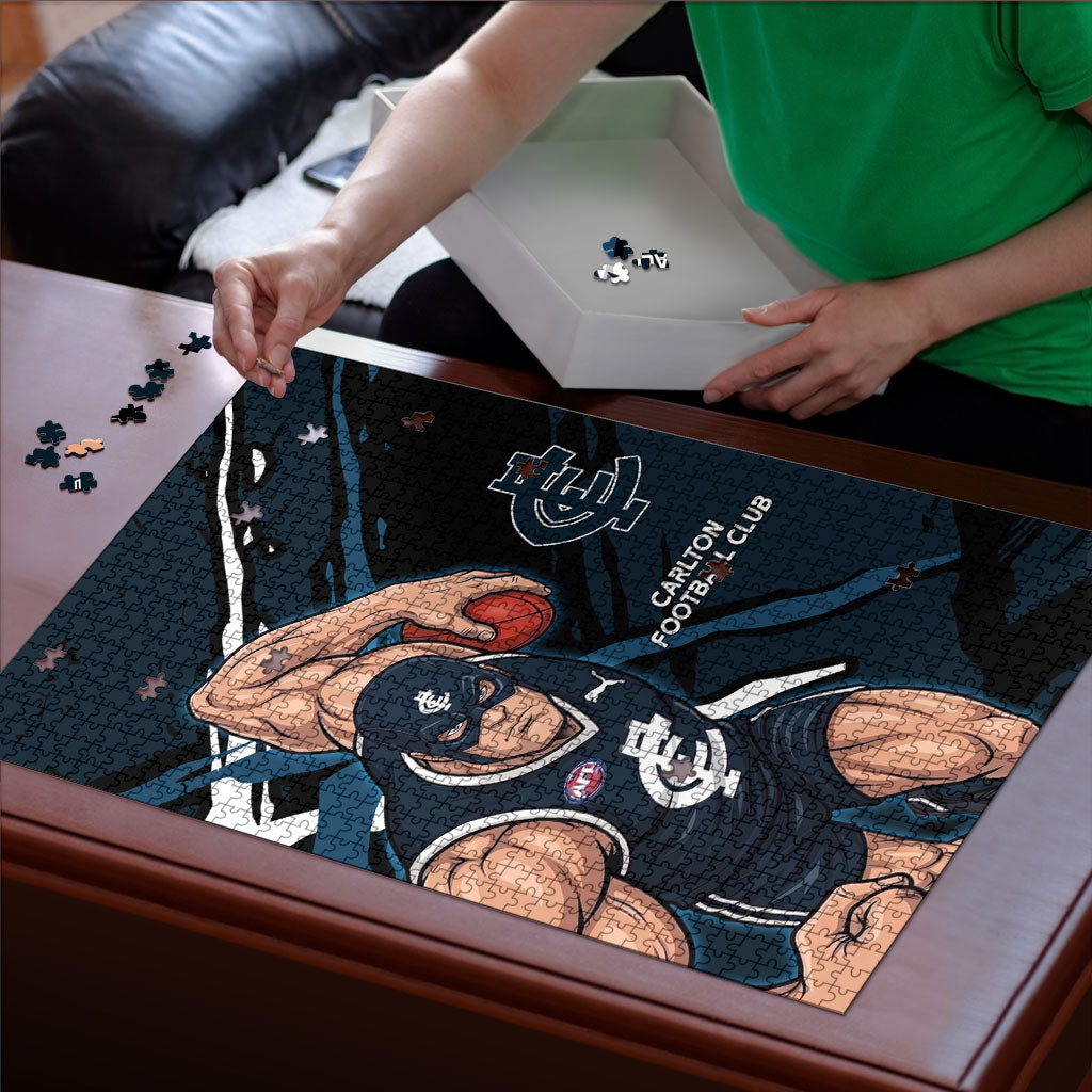 Carlton Football Club Puzzle Blues Muscular Mascot Graphic - Abstract Paint Splatter Art