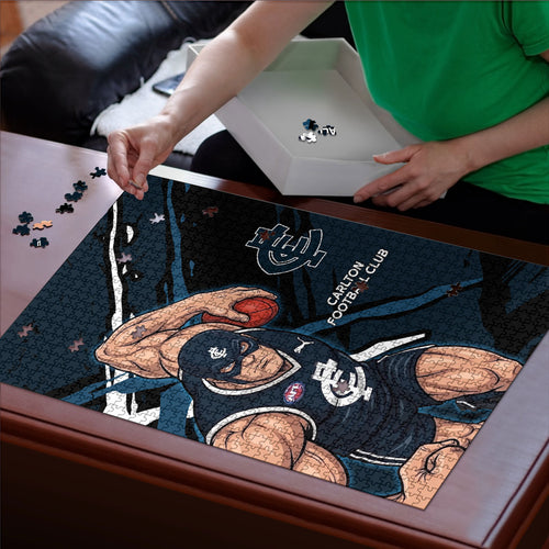 Carlton Football Club Puzzle Blues Muscular Mascot Graphic - Abstract Paint Splatter Art