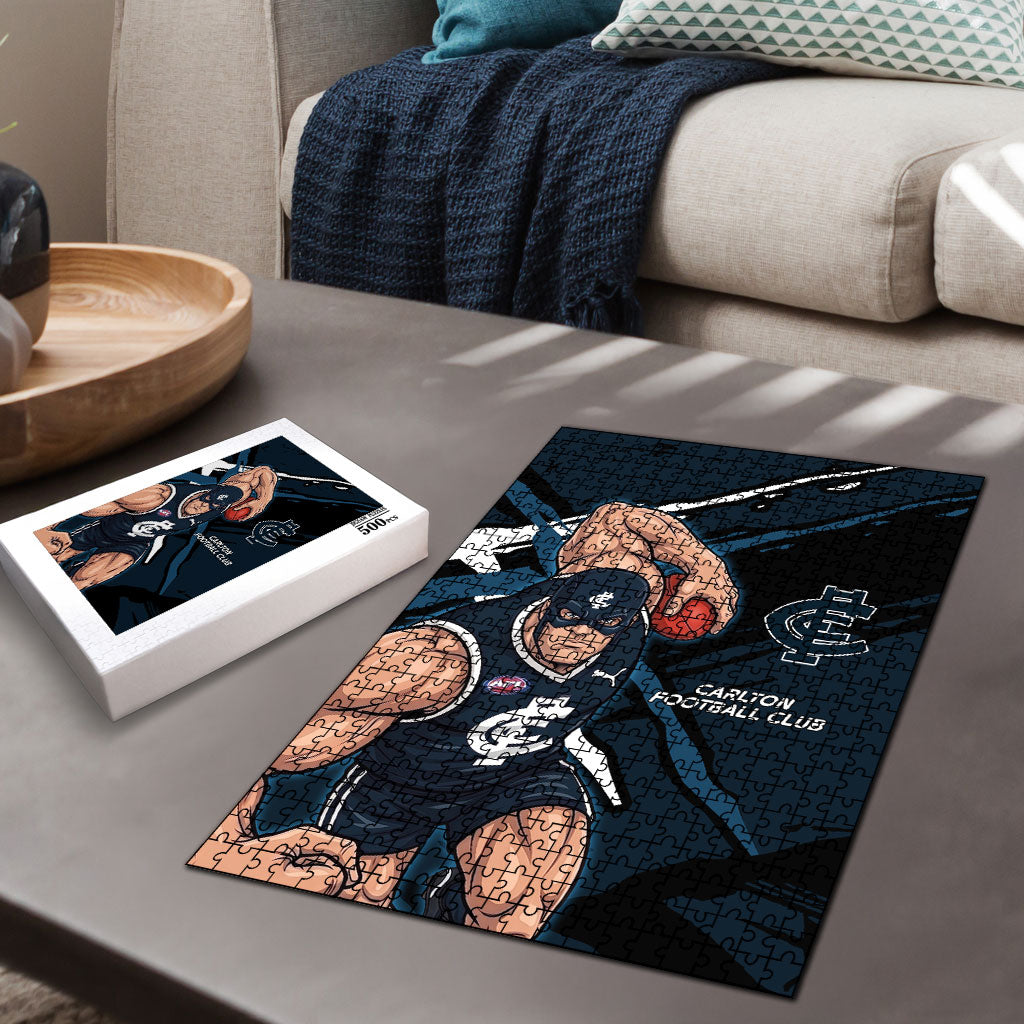 Carlton Football Club Puzzle Blues Muscular Mascot Graphic - Abstract Paint Splatter Art