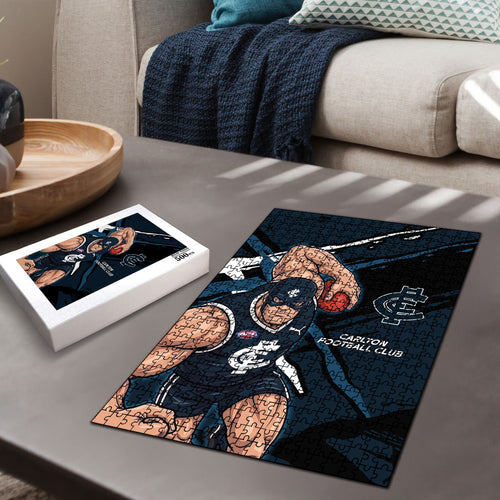 Carlton Football Club Puzzle Blues Muscular Mascot Graphic - Abstract Paint Splatter Art