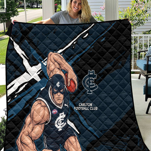 Carlton Football Club Quilt Blues Muscular Mascot Graphic - Abstract Paint Splatter Art