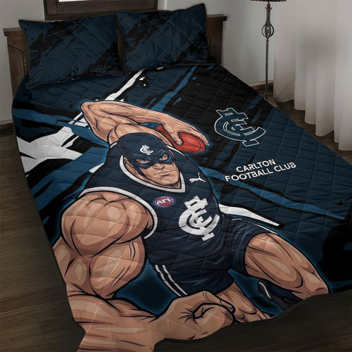 Carlton Football Club Quilt Bed Set Blues Muscular Mascot Graphic - Abstract Paint Splatter Art