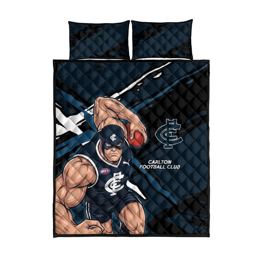 Carlton Football Club Quilt Bed Set Blues Muscular Mascot Graphic - Abstract Paint Splatter Art