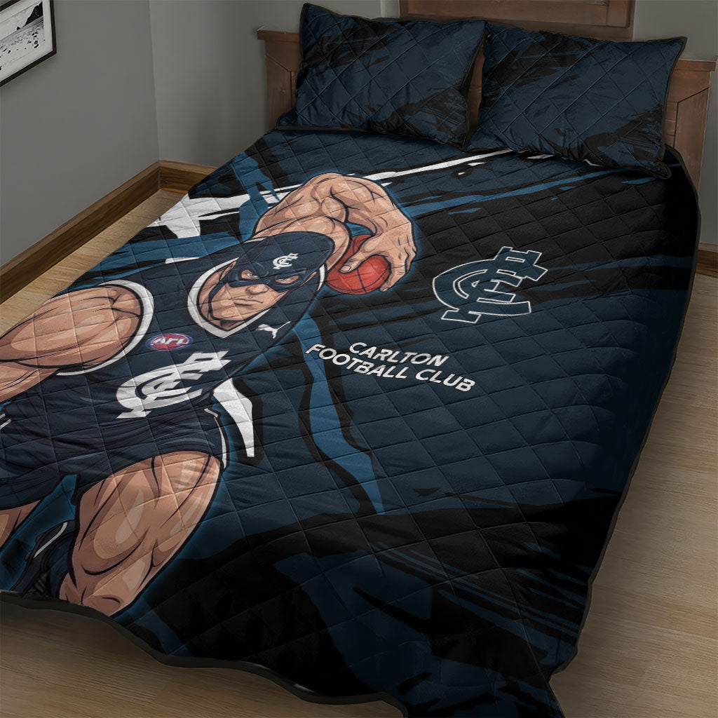 Carlton Football Club Quilt Bed Set Blues Muscular Mascot Graphic - Abstract Paint Splatter Art