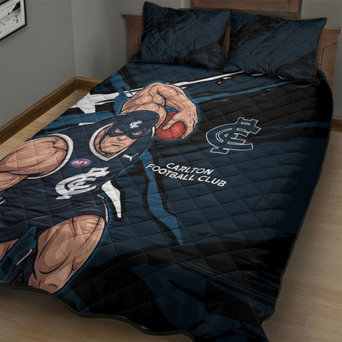 Carlton Football Club Quilt Bed Set Blues Muscular Mascot Graphic - Abstract Paint Splatter Art