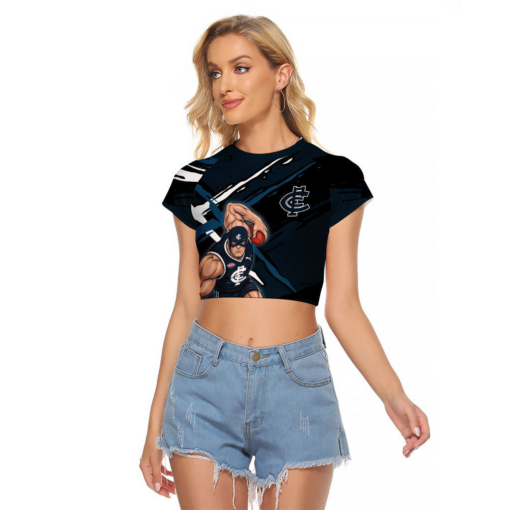 Carlton Football Club Raglan Cropped T Shirt Blues Muscular Mascot Graphic - Abstract Paint Splatter Art