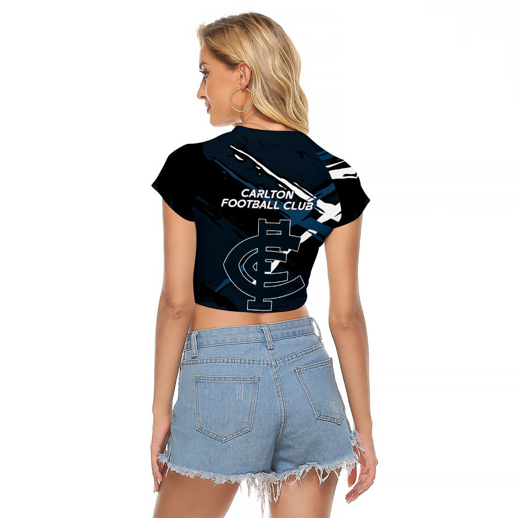Carlton Football Club Raglan Cropped T Shirt Blues Muscular Mascot Graphic - Abstract Paint Splatter Art