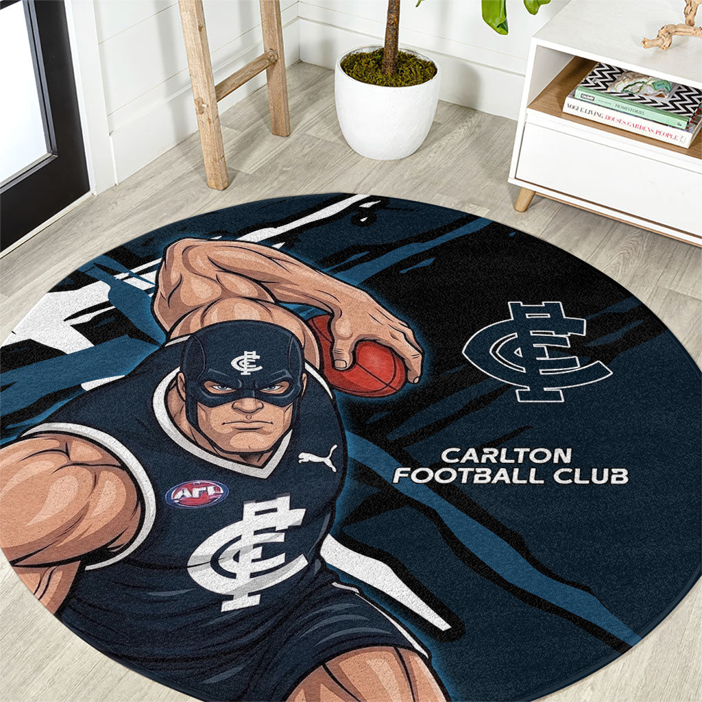 Carlton Football Club Round Carpet Blues Muscular Mascot Graphic - Abstract Paint Splatter Art