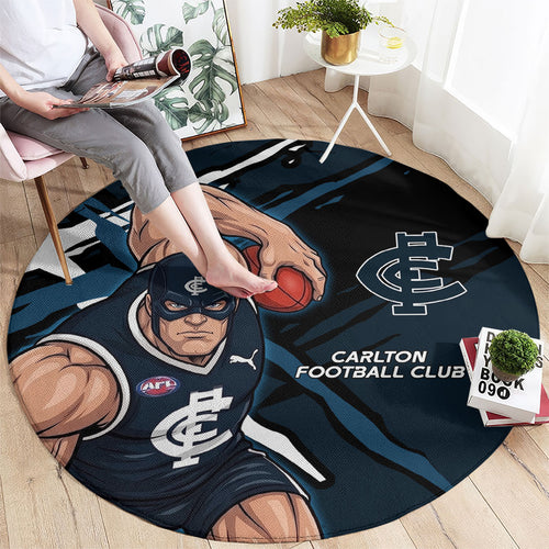 Carlton Football Club Round Carpet Blues Muscular Mascot Graphic - Abstract Paint Splatter Art