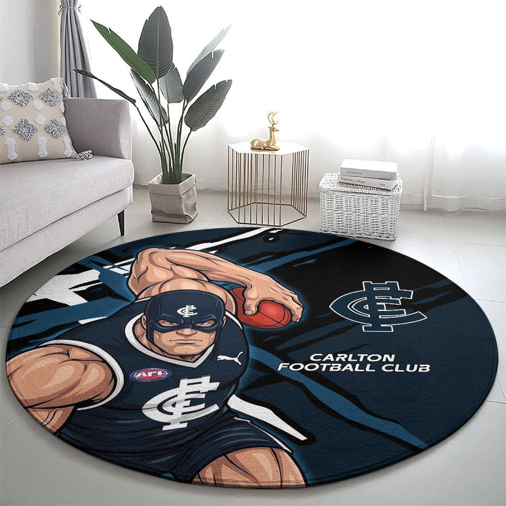 Carlton Football Club Round Carpet Blues Muscular Mascot Graphic - Abstract Paint Splatter Art