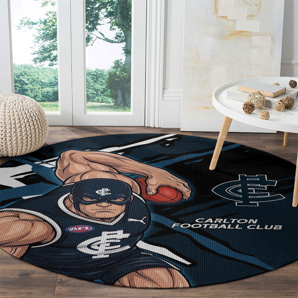 Carlton Football Club Round Carpet Blues Muscular Mascot Graphic - Abstract Paint Splatter Art