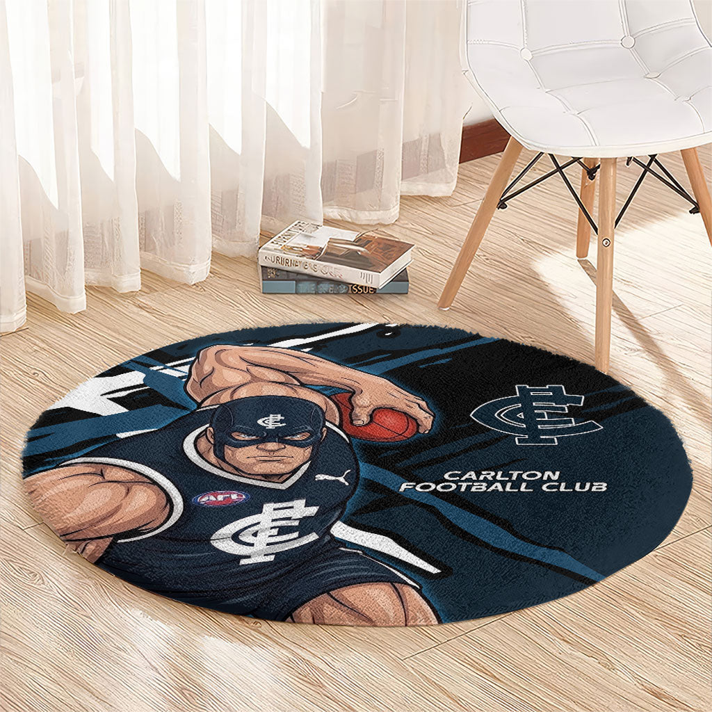 Carlton Football Club Round Carpet Blues Muscular Mascot Graphic - Abstract Paint Splatter Art