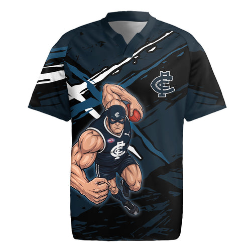 Carlton Football Club Rugby Jersey Blues Muscular Mascot Graphic - Abstract Paint Splatter Art