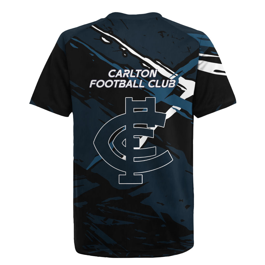 Carlton Football Club Rugby Jersey Blues Muscular Mascot Graphic - Abstract Paint Splatter Art