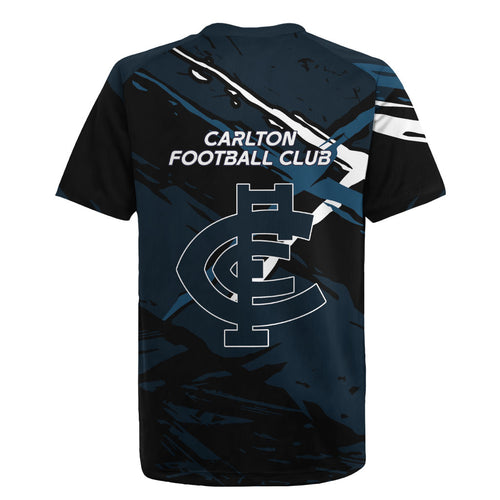 Carlton Football Club Rugby Jersey Blues Muscular Mascot Graphic - Abstract Paint Splatter Art