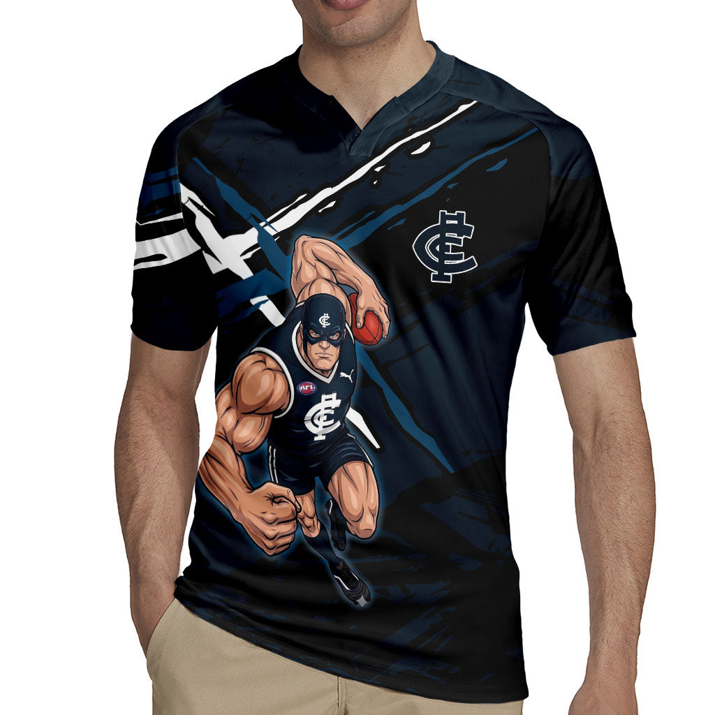 Carlton Football Club Rugby Jersey Blues Muscular Mascot Graphic - Abstract Paint Splatter Art