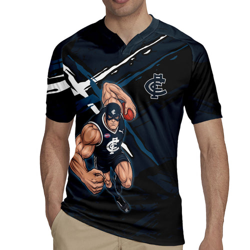 Carlton Football Club Rugby Jersey Blues Muscular Mascot Graphic - Abstract Paint Splatter Art