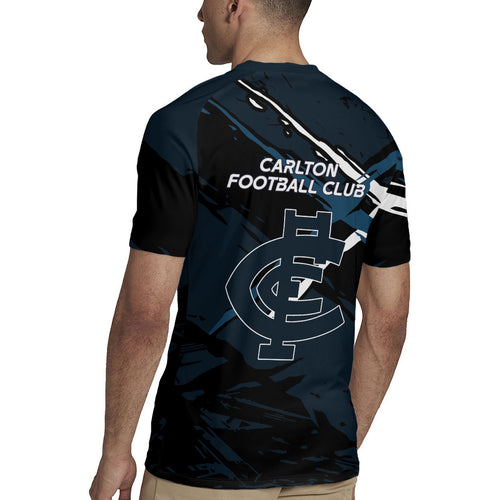Carlton Football Club Rugby Jersey Blues Muscular Mascot Graphic - Abstract Paint Splatter Art