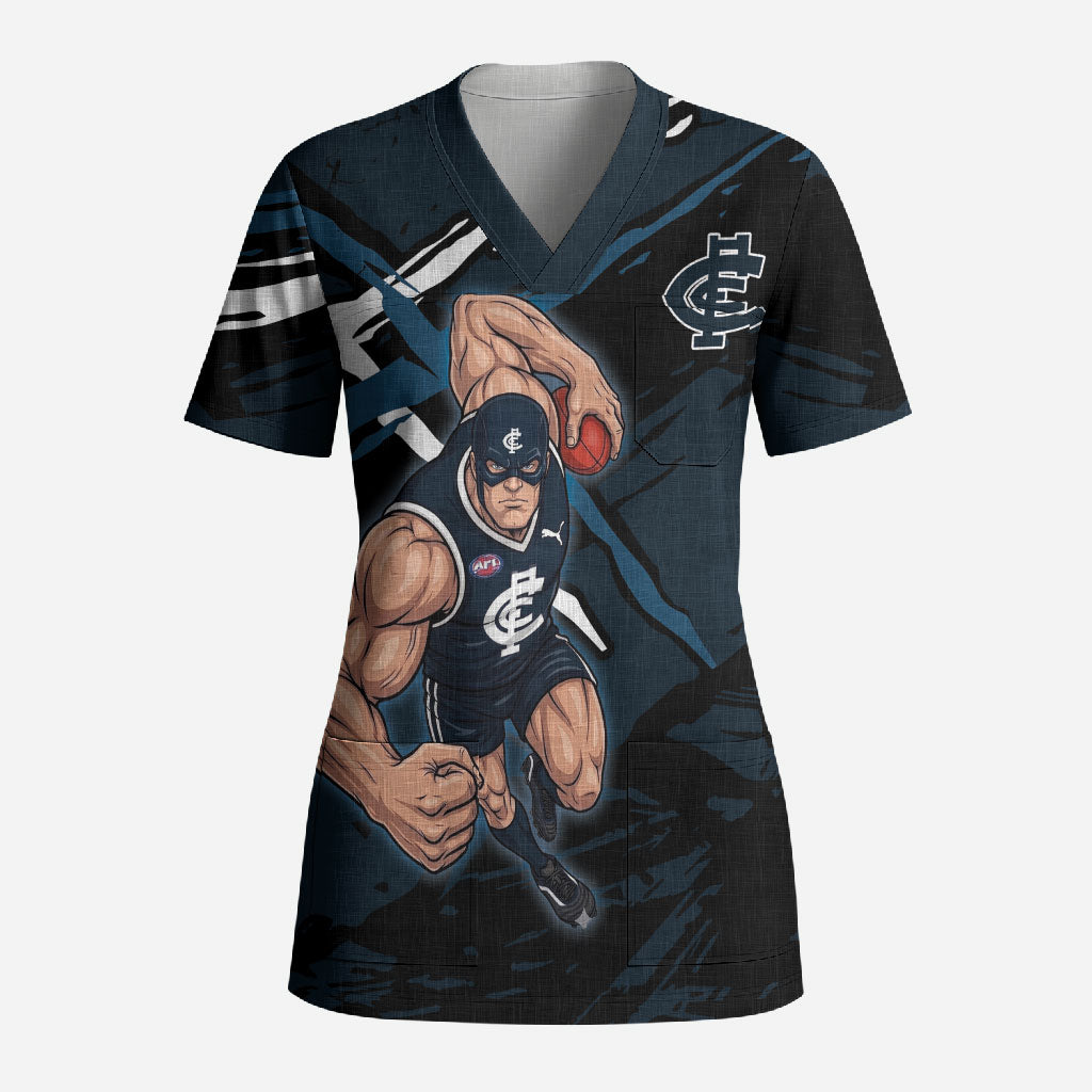 Carlton Football Club Scrub Top Blues Muscular Mascot Graphic - Abstract Paint Splatter Art