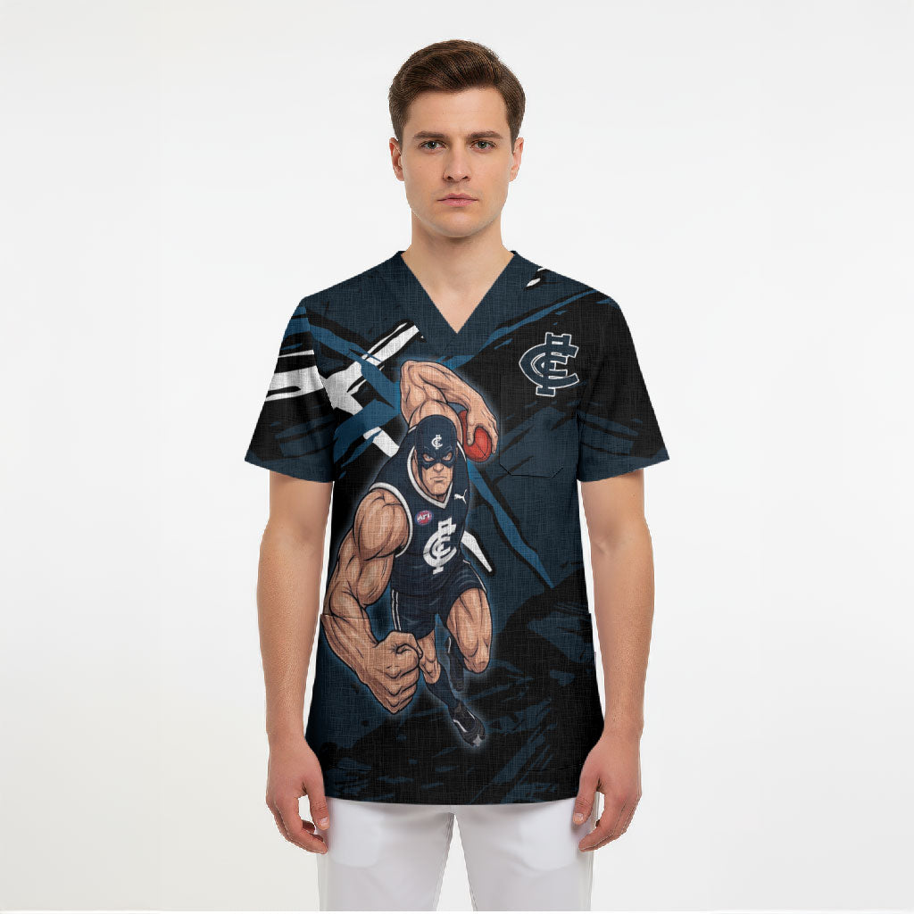 Carlton Football Club Scrub Top Blues Muscular Mascot Graphic - Abstract Paint Splatter Art