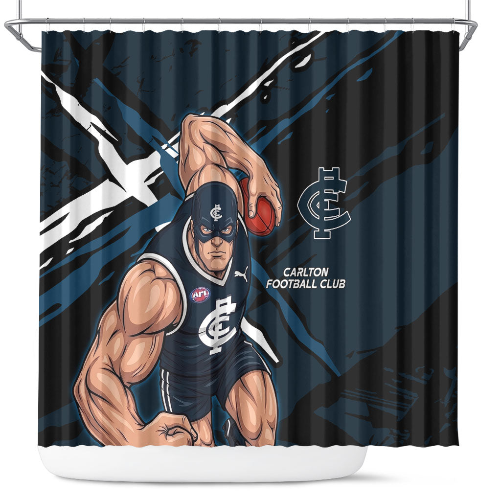 Carlton Football Club Shower Curtain Blues Muscular Mascot Graphic - Abstract Paint Splatter Art