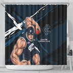 Carlton Football Club Shower Curtain Blues Muscular Mascot Graphic - Abstract Paint Splatter Art