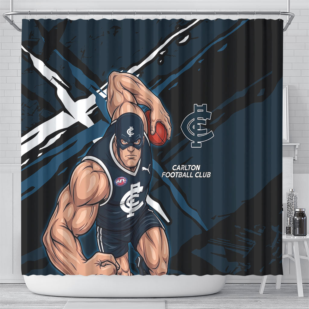 Carlton Football Club Shower Curtain Blues Muscular Mascot Graphic - Abstract Paint Splatter Art