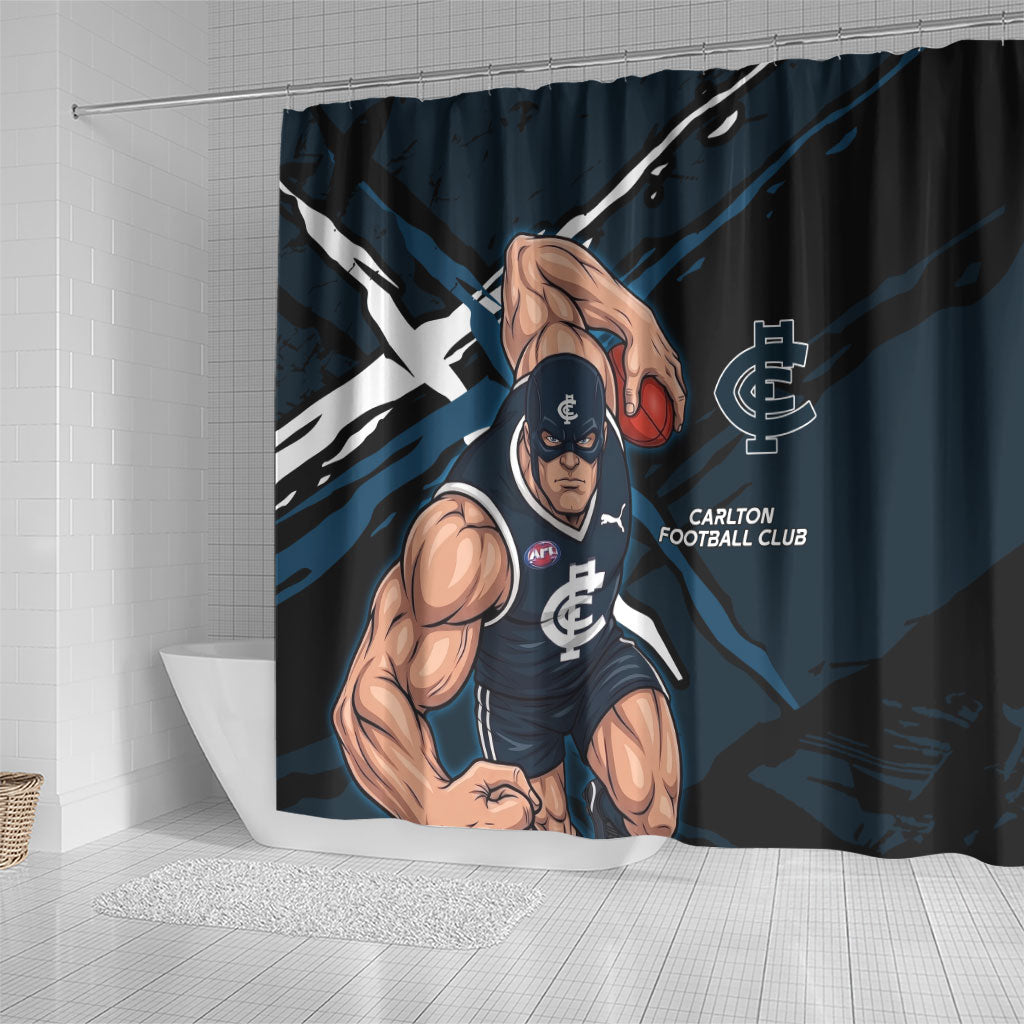 Carlton Football Club Shower Curtain Blues Muscular Mascot Graphic - Abstract Paint Splatter Art