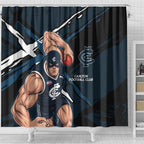 Carlton Football Club Shower Curtain Blues Muscular Mascot Graphic - Abstract Paint Splatter Art