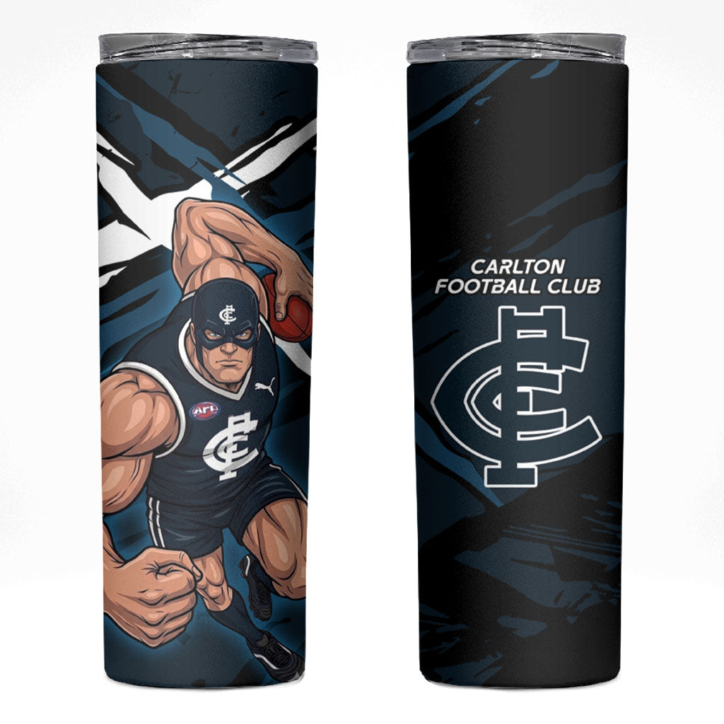 Carlton Football Club Skinny Tumbler Blues Muscular Mascot Graphic - Abstract Paint Splatter Art