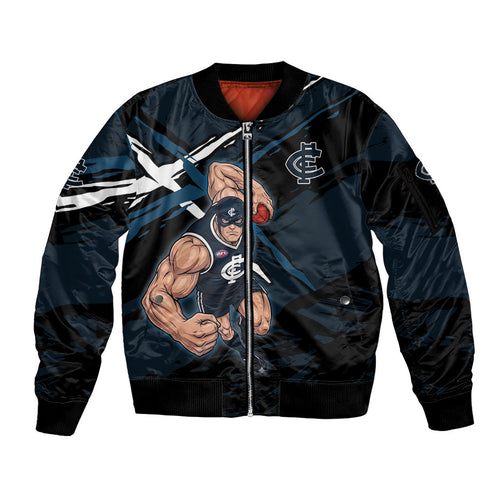 Carlton Football Club Sleeve Zip Bomber Jacket Blues Muscular Mascot Graphic - Abstract Paint Splatter Art