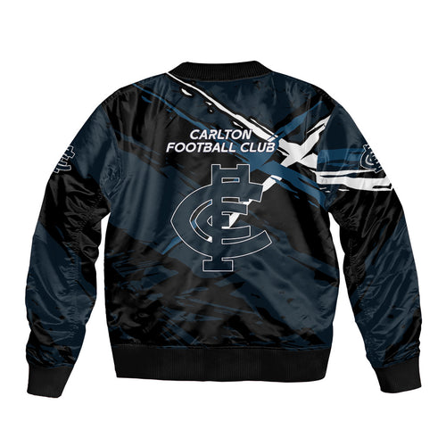 Carlton Football Club Sleeve Zip Bomber Jacket Blues Muscular Mascot Graphic - Abstract Paint Splatter Art