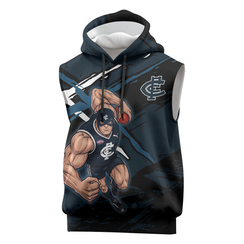 Carlton Football Club Sleeveless Hoodie Blues Muscular Mascot Graphic - Abstract Paint Splatter Art